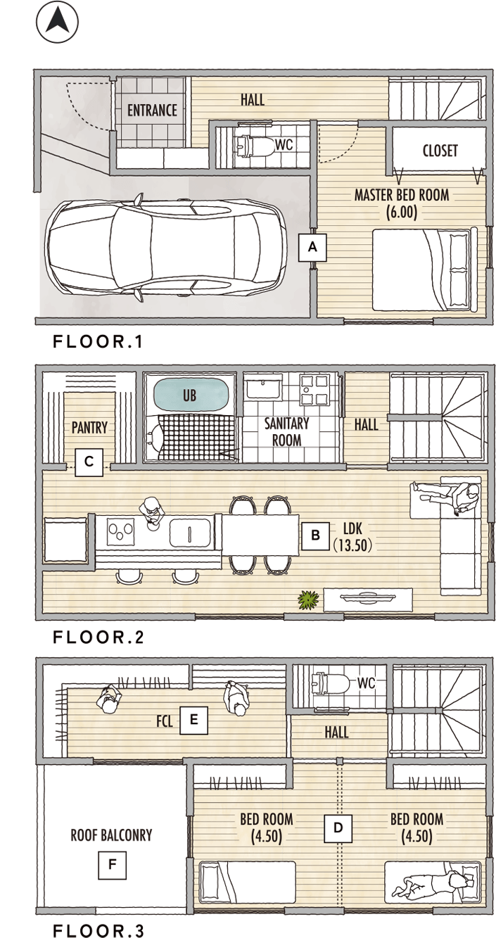 狭小三階建て 33.00坪 間取り図
