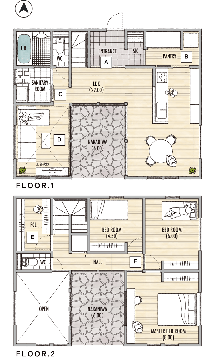 中庭のある家 34.00坪 間取り図